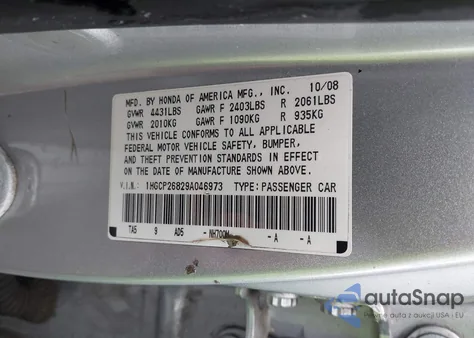 2009 Honda Accord 2.4 Ex-L z USA, uszkodzony, nr VIN 1HGCP26829A046973